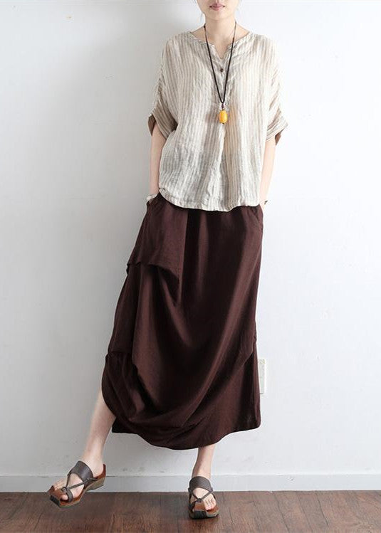 Ziegelrote übergroße Leinenröcke, asymmetrisches Design, elastische Taille, langer Rock