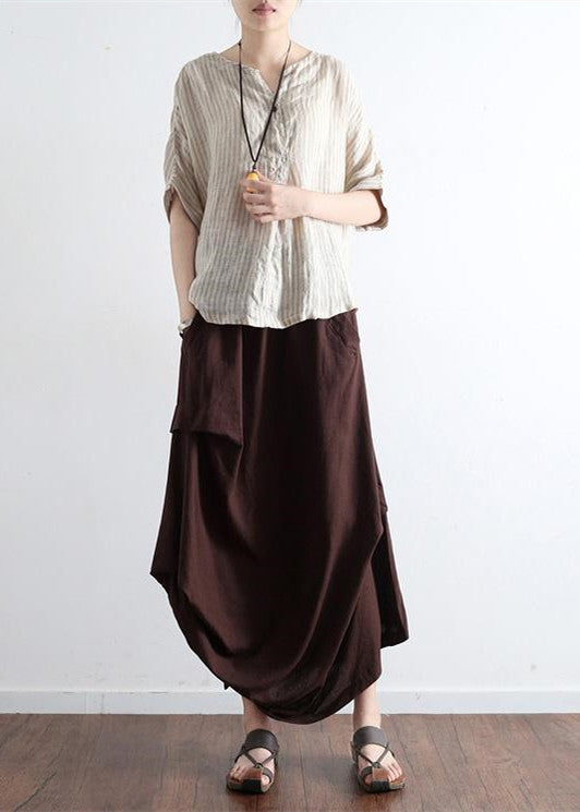 Ziegelrote übergroße Leinenröcke, asymmetrisches Design, elastische Taille, langer Rock