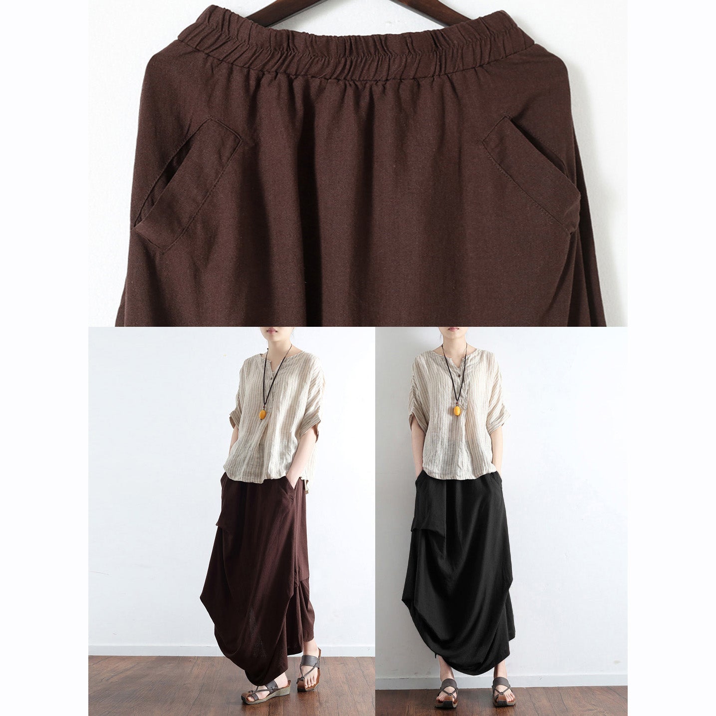 Ziegelrote übergroße Leinenröcke, asymmetrisches Design, elastische Taille, langer Rock