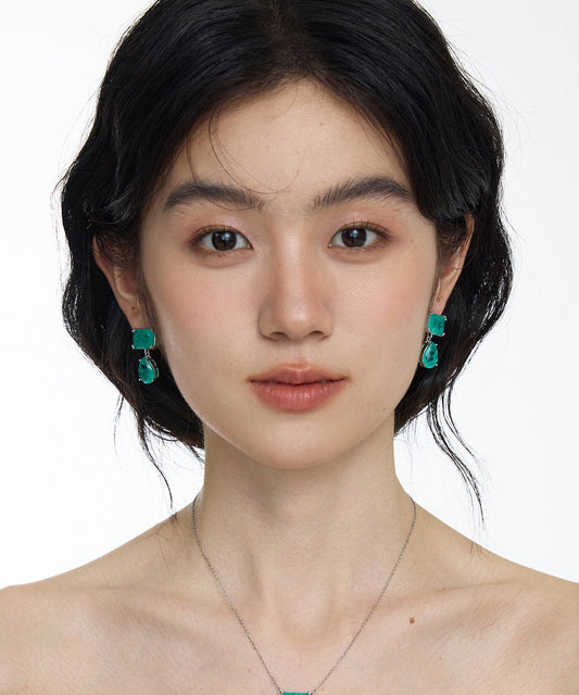 Brief Blue Copper Overgild Gem Stone Square Water Droplet Drop Earrings