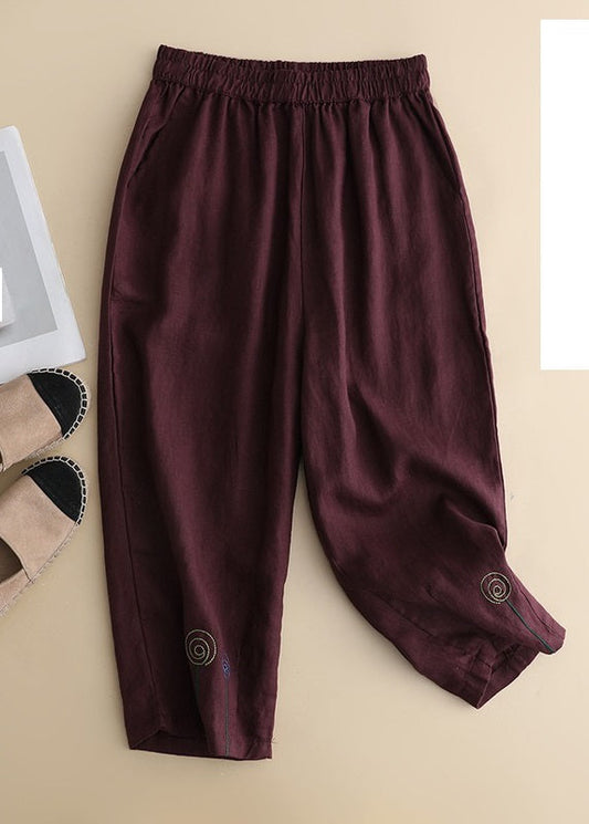 Pantalones Harem de Lino Liso de Cintura Alta con Bordado Caqui de Verano
