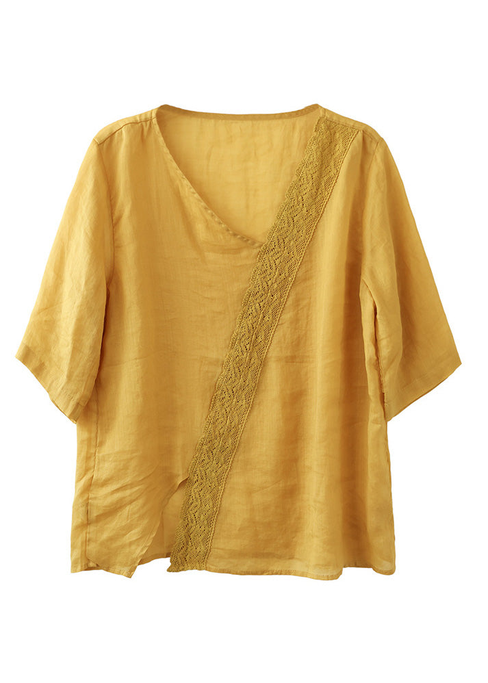 Kurzes Mulberry V-Ausschnitt bestickte Spitze Patchwork solide Leinen Top Kurzarm