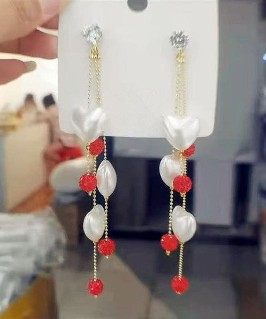 Brief Rainbow Alloy Zircon Love Pearl Tassel Drop Earrings
