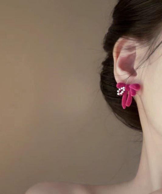 Brief Raspberry Color Alloy Pearl Flockin Butterfly Stud Earrings