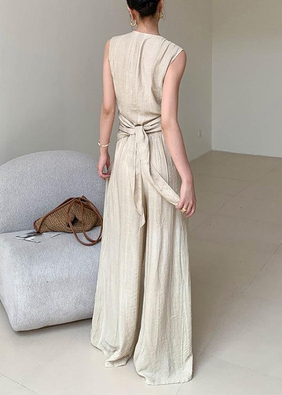 Brief V Neck Silk Linen Top And Wide Leg Pants Two Pieces Set Sleeveless