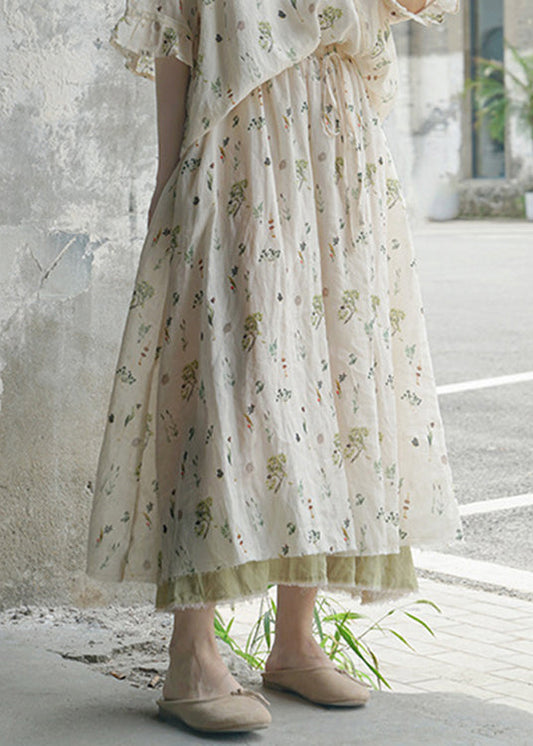 Kurze Weiße elastische Taille Kordelzug Print Leinen Röcke Frühling