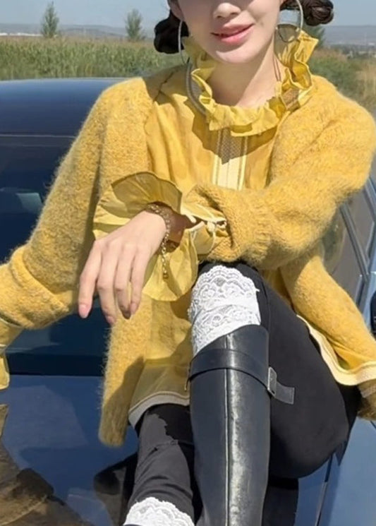 Kurzer gelber Rundhals-Cardigan aus Baumwolle mit Knöpfen, Frühling