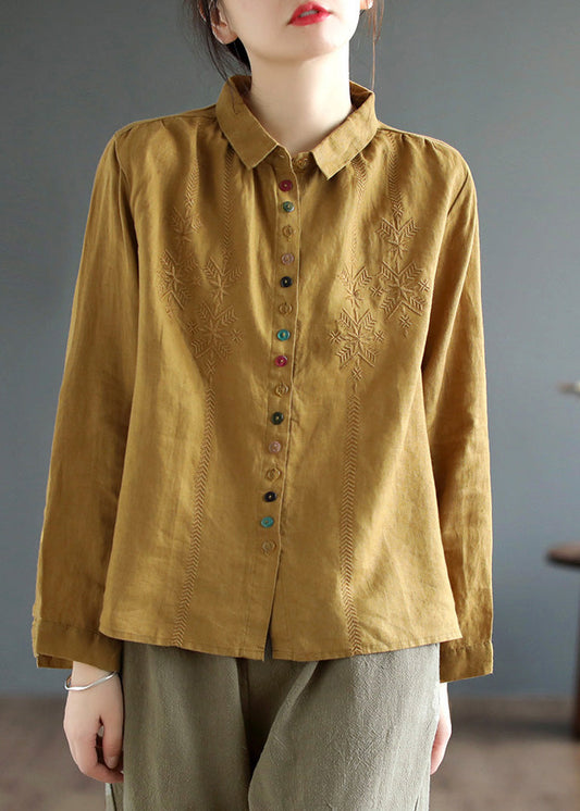 Camisa corta de lino bordada con cuello Peter Pan amarillo para primavera