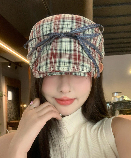 British Style Bow Red Plaid Versatile Breton Hat