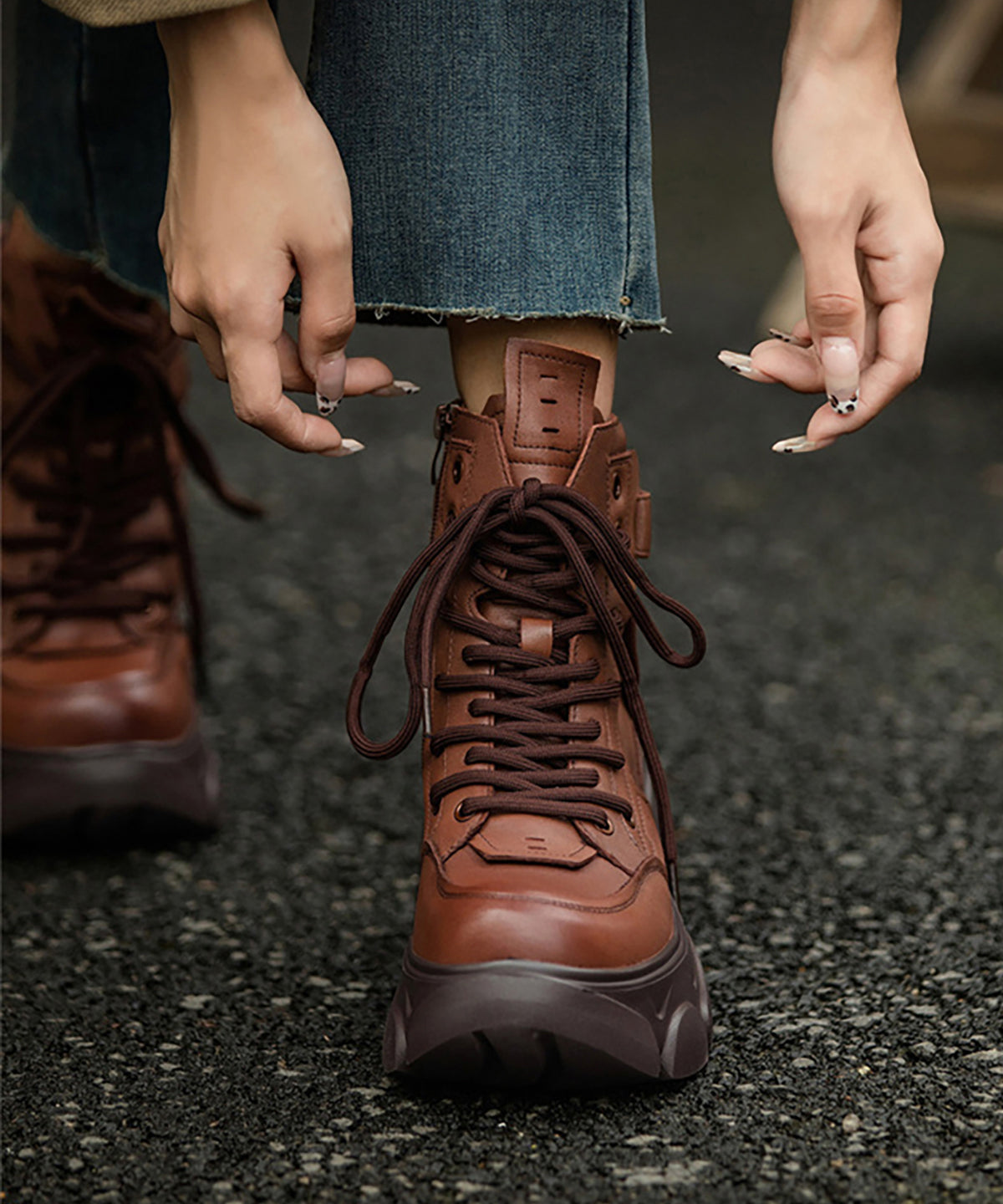 Brown Boots Platform Cowhide Leather Casual Splicing Fuzzy Wool Lined
