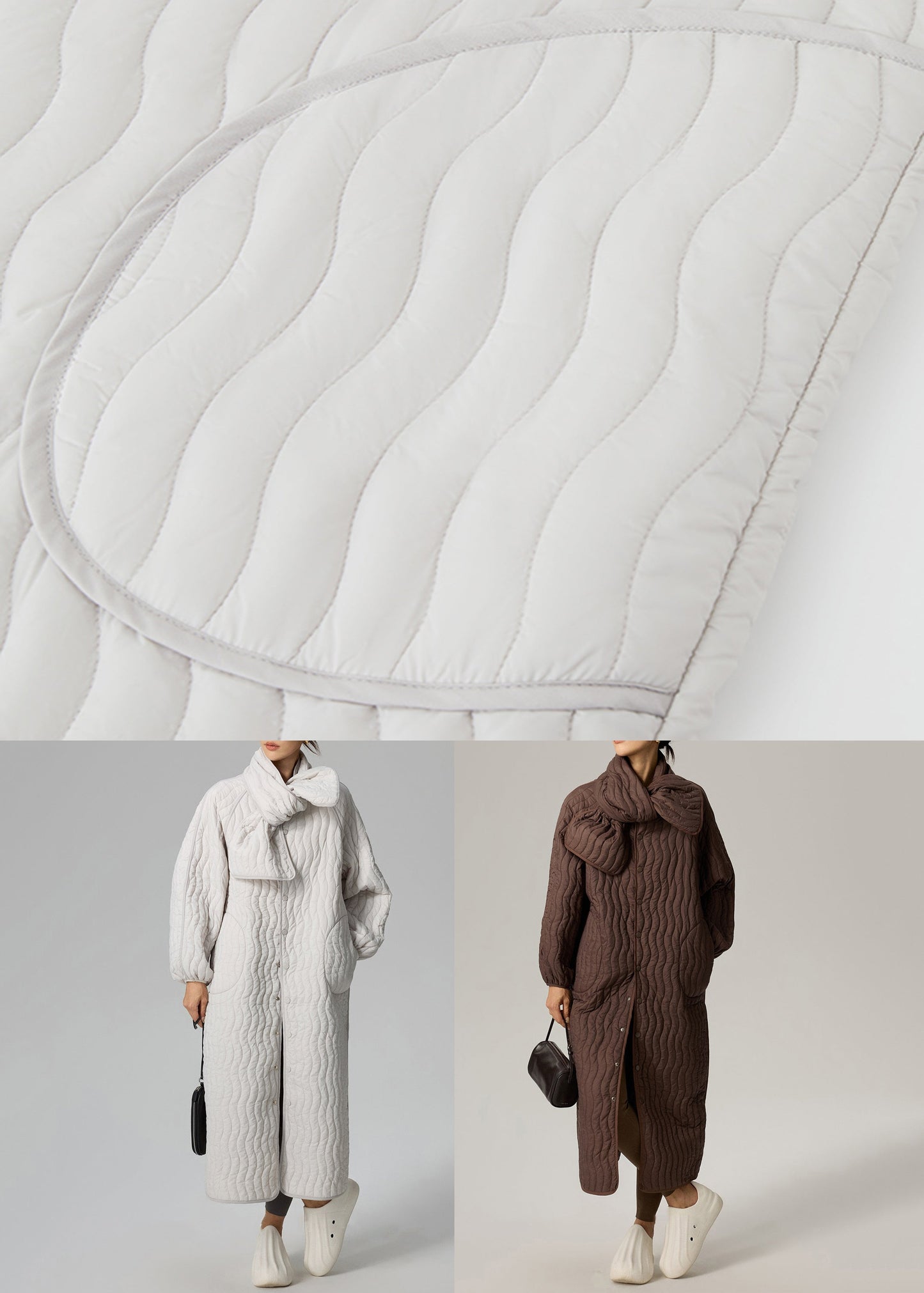 Braunes, zweiteiliges Set mit Knopftaschen, Oversized-Baumwollfüllung und Rundhalsausschnitt