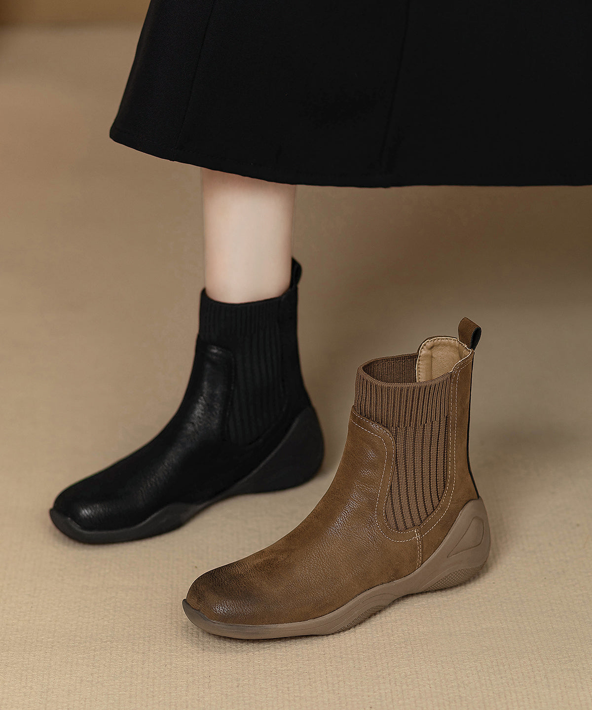 Botas cómodas con empalme de piel de vaca marrón