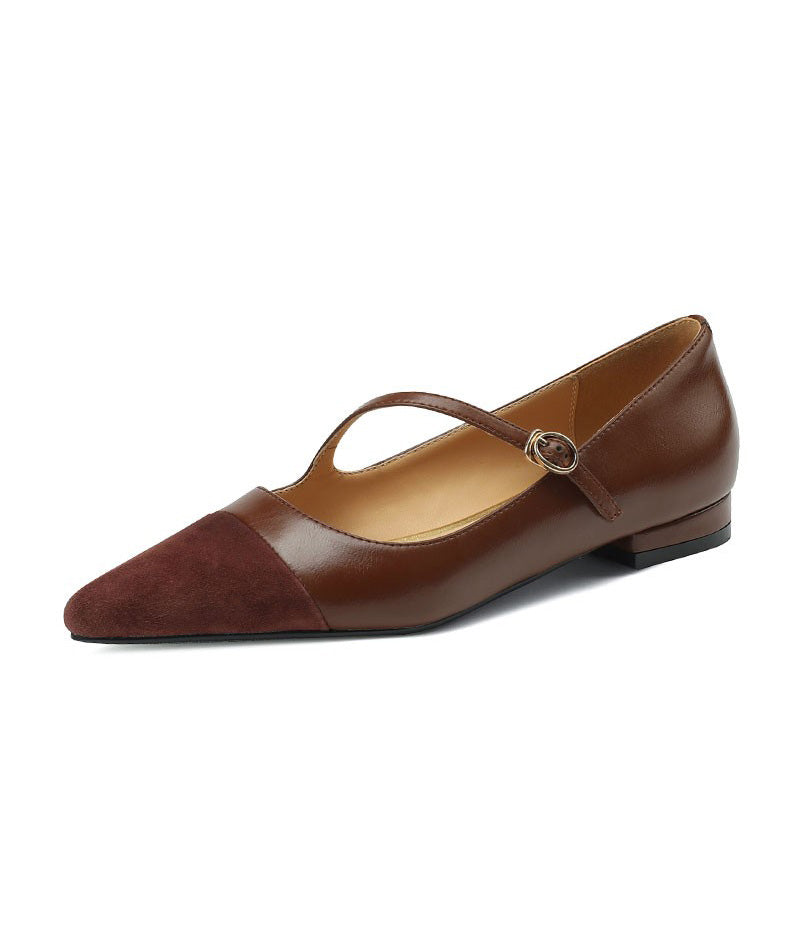Brown Cowhide Leather Splicing French Flat Shoes Pointed Toe