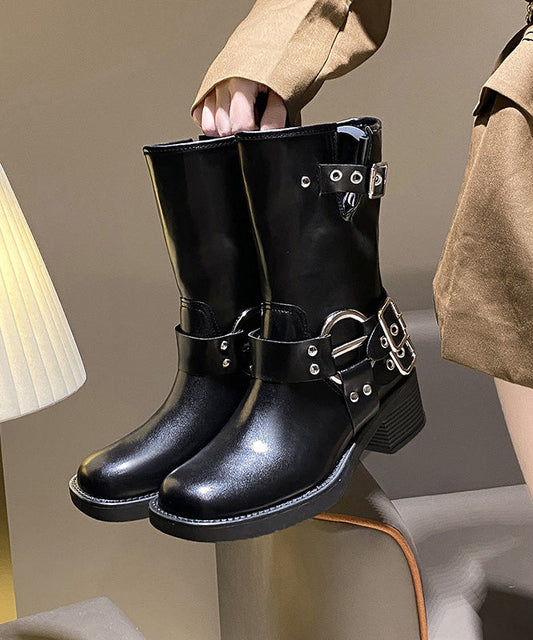 Brown Faux Leather Buckle Strap Splicing Chunky Boots