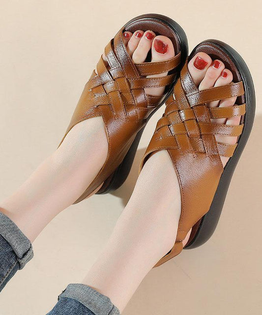Brown Flat Sandals Buckle Strap Platform Hiking Sandals - SooLinen