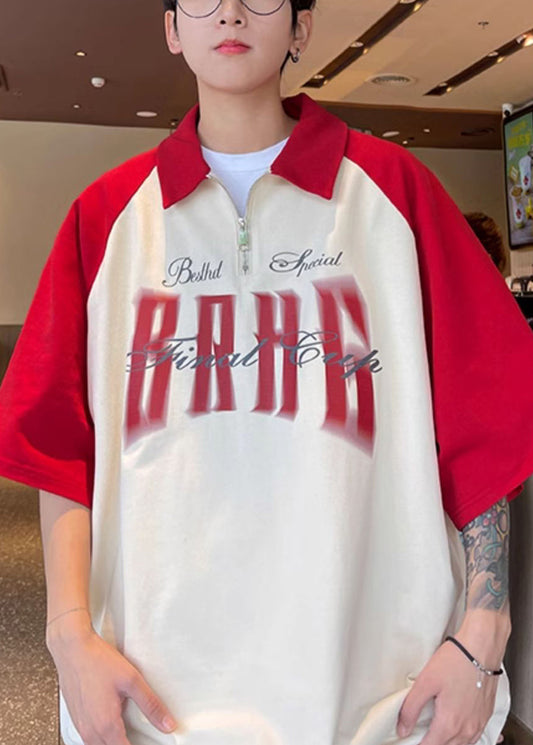 Brown Letter Patchwork Cotton Mens Polo Shirts Zip Up Summer