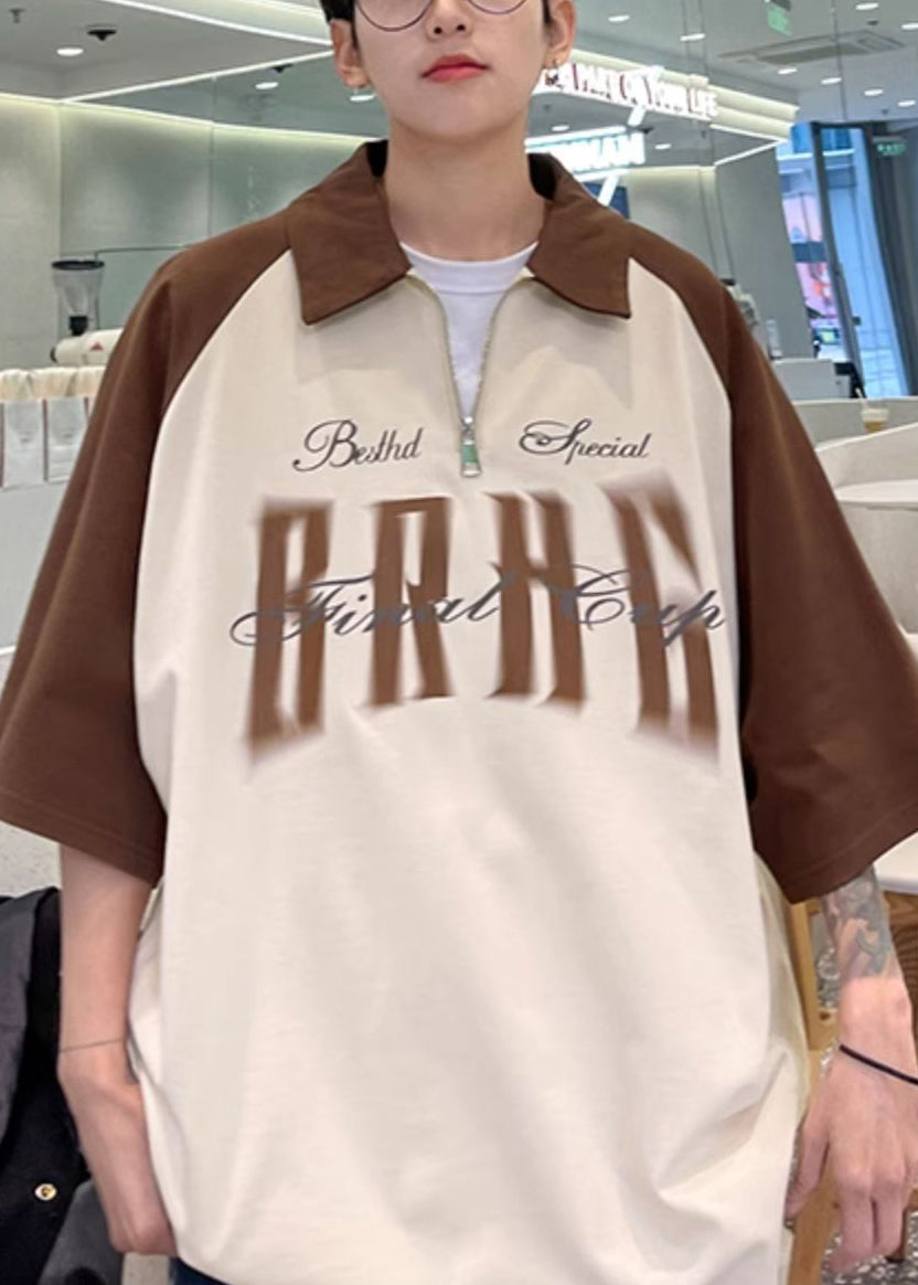 Brown Letter Patchwork Cotton Mens Polo Shirts Zip Up Summer