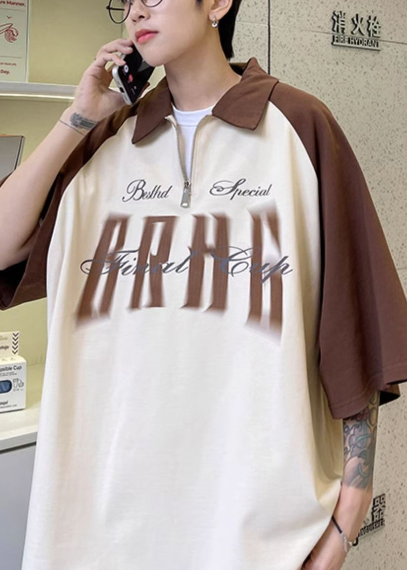 Brown Letter Patchwork Cotton Mens Polo Shirts Zip Up Summer