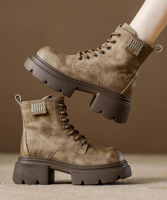 Braune Plateau-Schnürstiefel aus Rindsleder für Damen