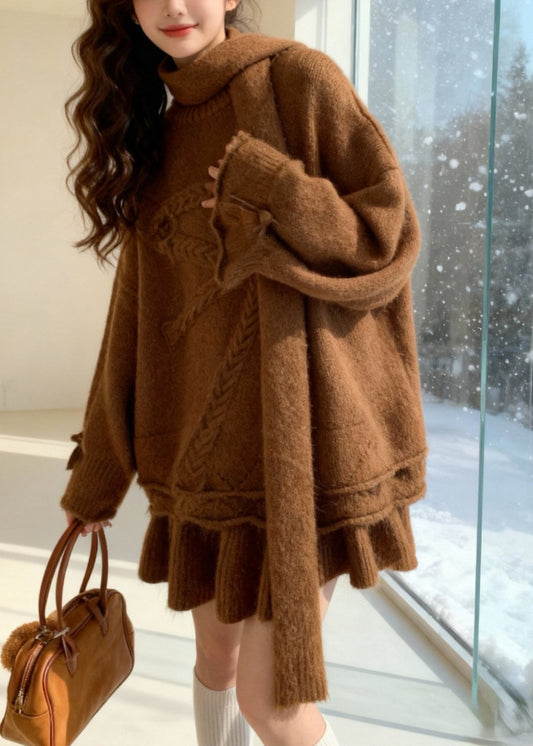 Brown Warm Knit Two Piece Set Women Clothing Oversized Bow Winter