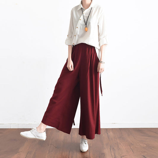 Burgunderrote asymmetrische Leinenhose, Oversize-Hose mit weitem Bein