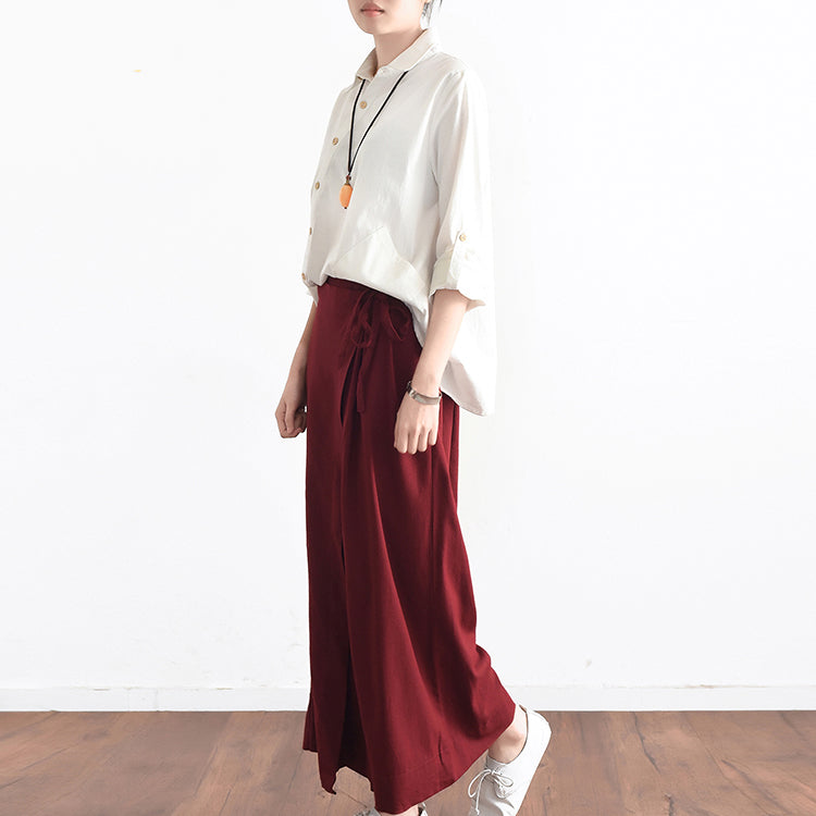 Burgunderrote asymmetrische Leinenhose, Oversize-Hose mit weitem Bein