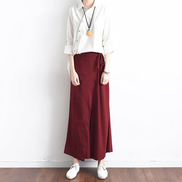 Burgunderrote asymmetrische Leinenhose, Oversize-Hose mit weitem Bein