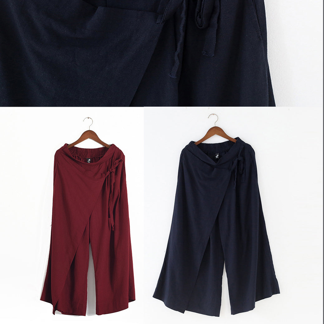 Burgunderrote asymmetrische Leinenhose, Oversize-Hose mit weitem Bein