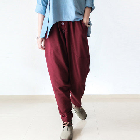 Burgund warme Winterhose dicke Baumwollhose Casual Style Knöpfe bis