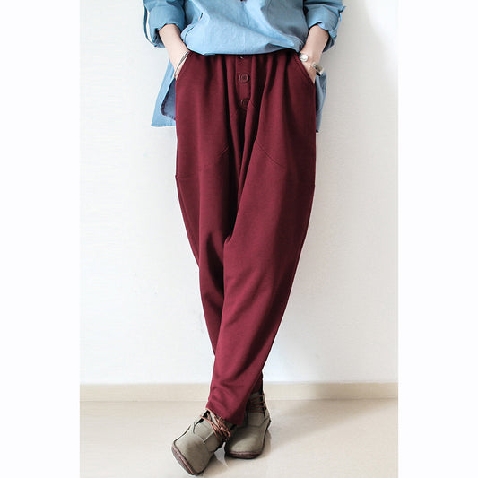 Burgund warme Winterhose dicke Baumwollhose Casual Style Knöpfe bis