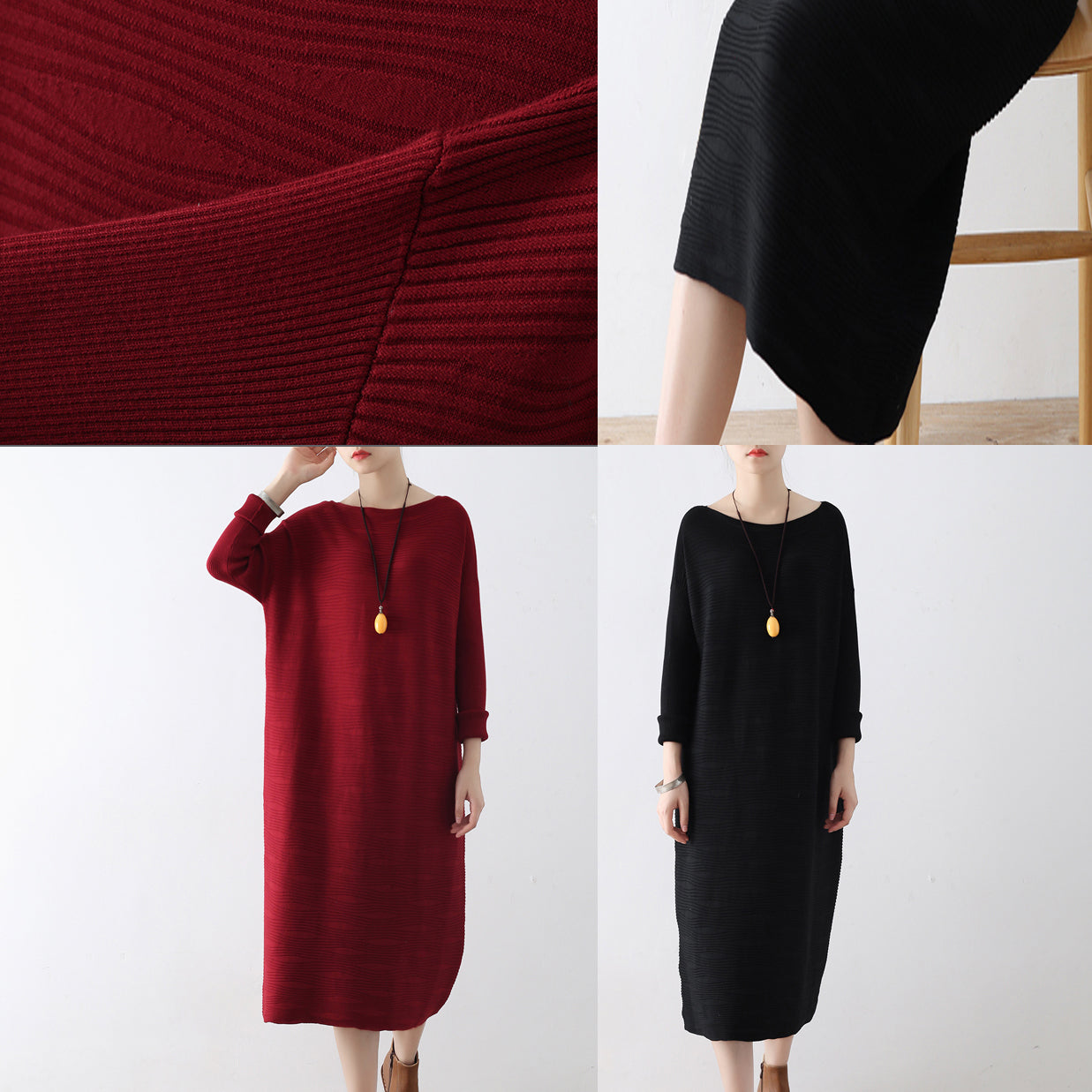Burgunderfarbene Wellenstrickpulloverkleider, lässige lange Winterkleider, Baumwollpullover, Winter 2024