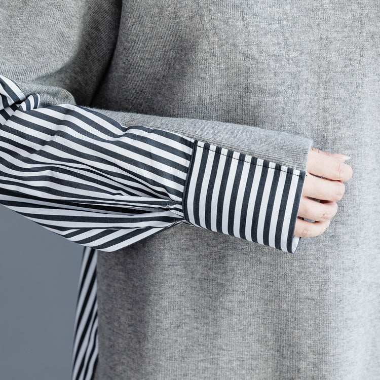 Kaufen Sie graue Baumwollkleidung für Frauen Metropolitan Museum Work Art High Neck Batwing Sleeve Dress