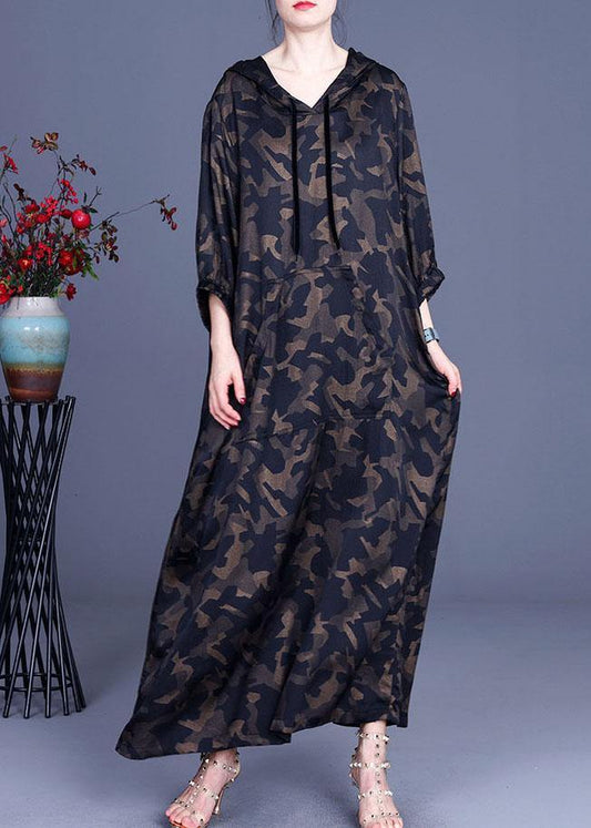 Camouflage Hooded Print Casual Summer Silk Long Dresses - SooLinen