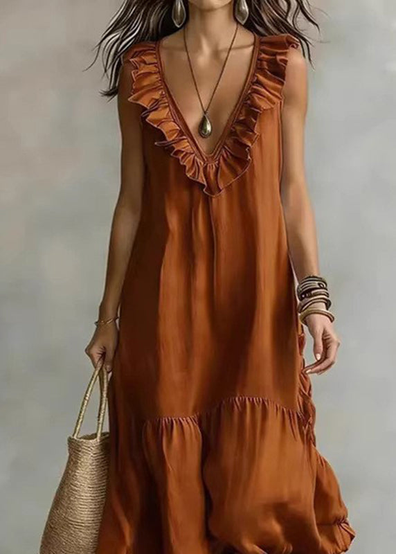 Casual Apricot V Neck Ruffled Patchwork Solid Maxi Dress Summer
