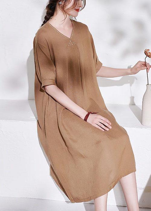 Casual Apricot V Neck lantern Sleeve Summer Linen Sundress Half Sleeve - SooLinen