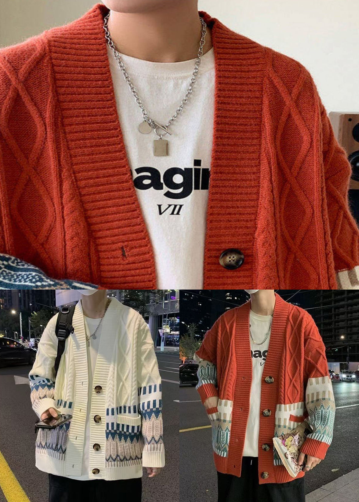 Casual Beige Button Pockets Knitted Cotton Mens Coats Winter
