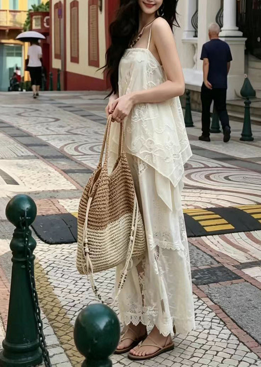 Casual Beige Jacquard Asymmetrical Patchwork Lace Two Piece Suit Set Summer