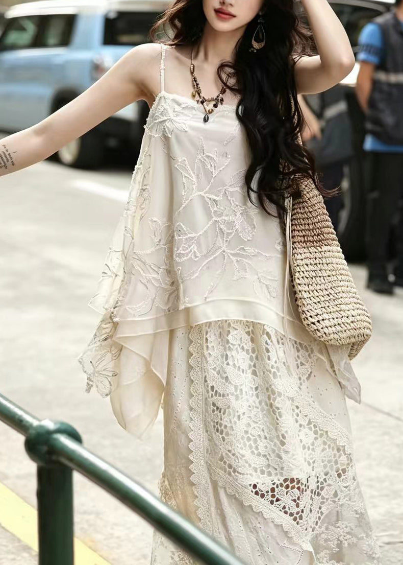 Casual Beige Jacquard Asymmetrical Patchwork Lace Two Piece Suit Set Summer