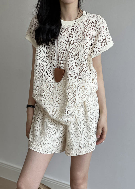 Casual Beige O-Neck Hollow Out Top And Shorts Two Pieces Set Summer