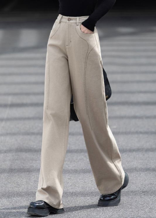 Casual Beige Oversized Pockets Cotton Pants Spring