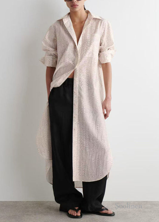 Casual Beige Oversized Print Side Open Long Shirt Dresses Spring