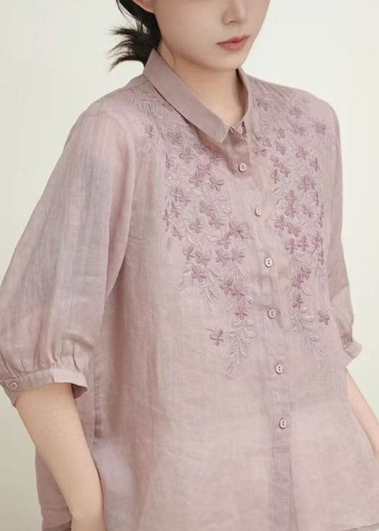 Casual Beige Peter Pan Collar Embroidered Linen Blouses Summer