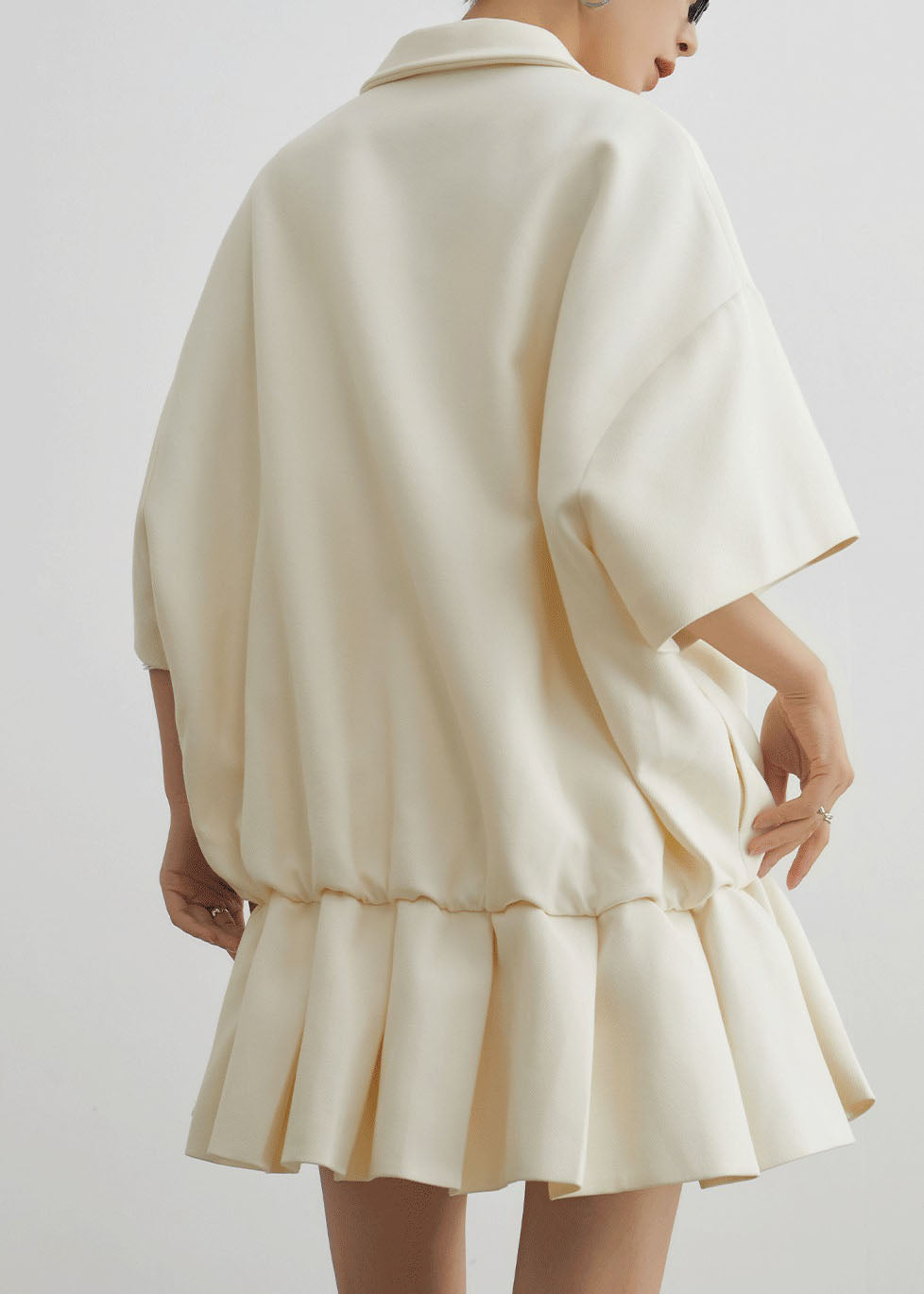 Casual Beige Peter Pan Collar Wrinkled Patchwork Cotton Dress Summer