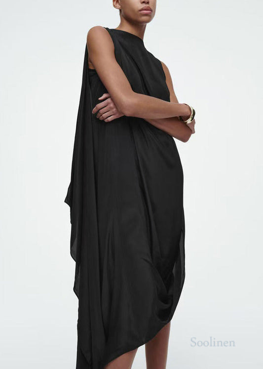 Casual Black Asymmetrical Silk Party Dresses Sleeveless