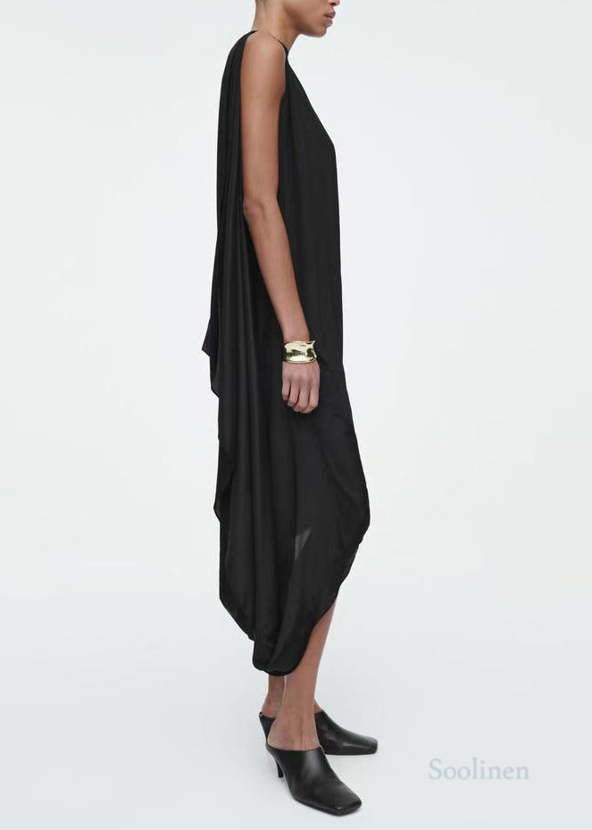 Casual Black Asymmetrical Silk Party Dresses Sleeveless