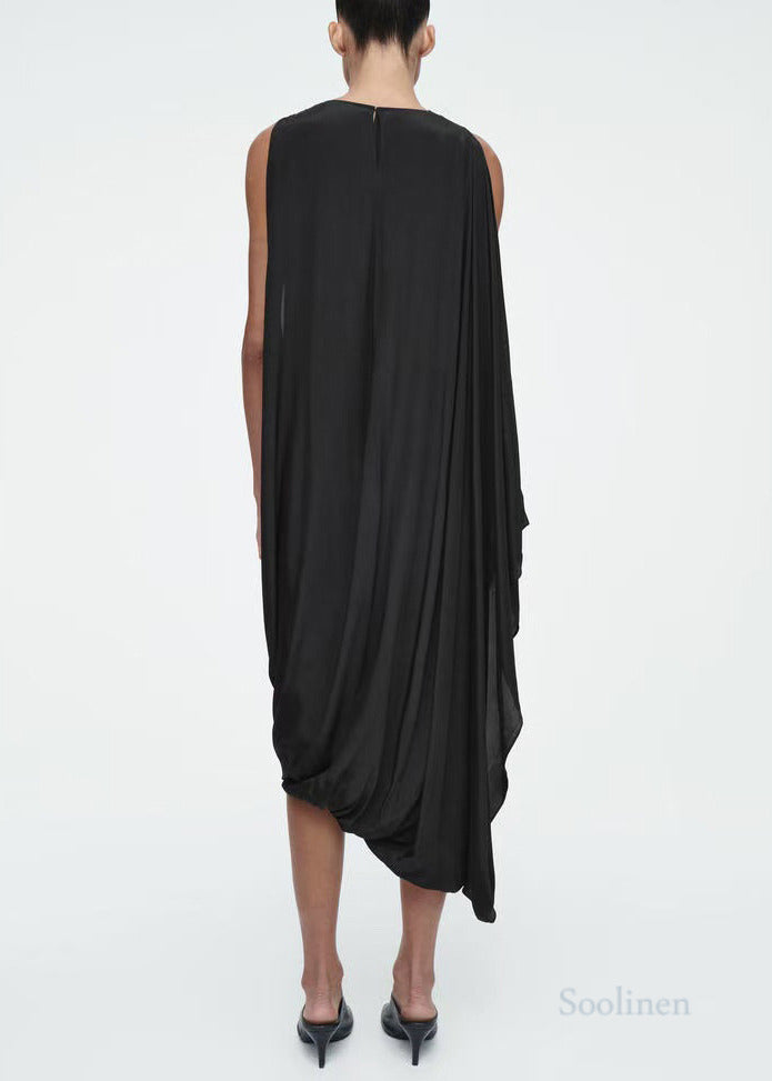 Casual Black Asymmetrical Silk Party Dresses Sleeveless