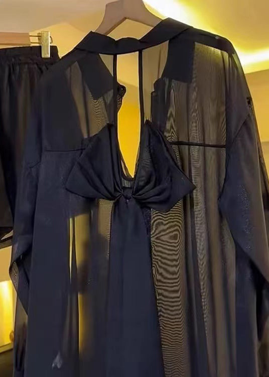Casual Black Bow Backless Chiffon Sheer Blouses Summer