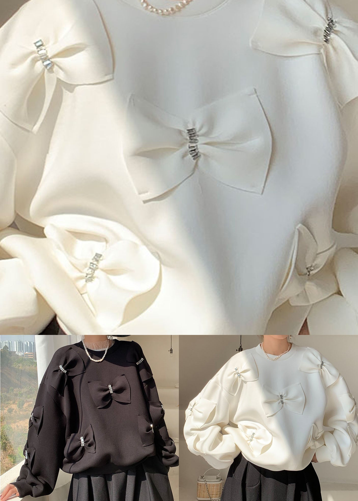 Lässiges schwarzes Sweatshirt aus Baumwolle mit Schleife, Frühling