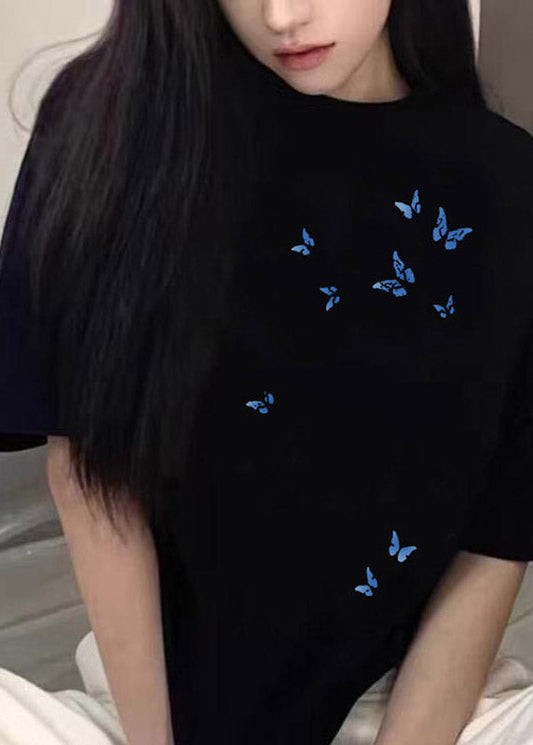 Casual Black Butterfly Print T Shirt Summer