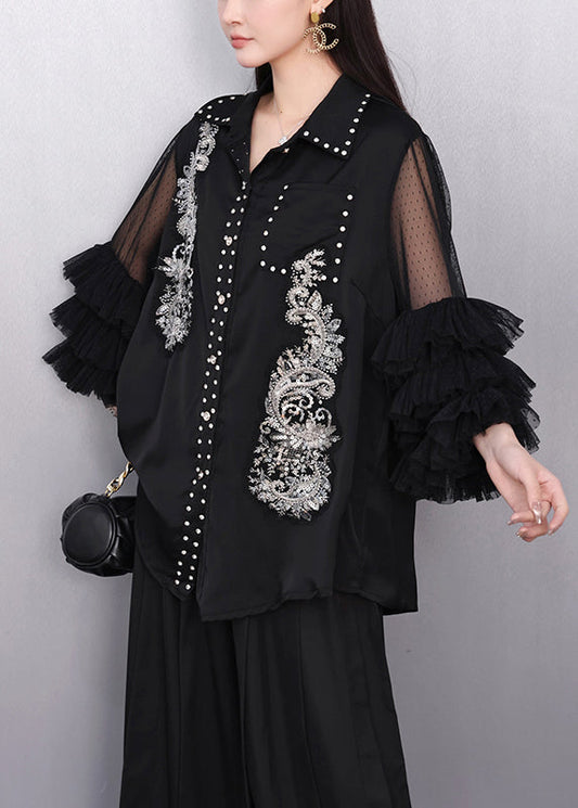 Casual Black Embroidered Rhinestone Shirt Bracelet Sleeve